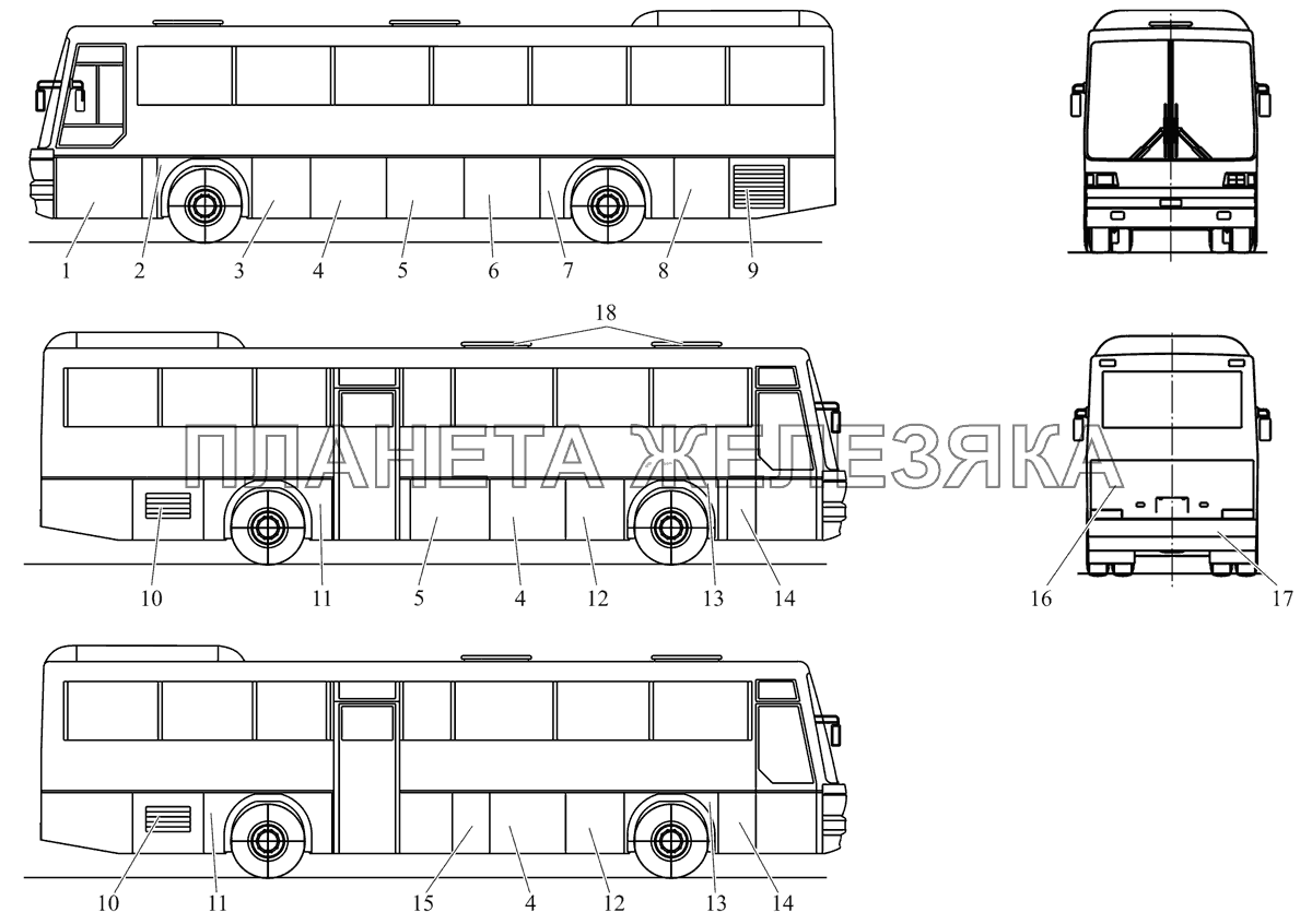Расположение крышек и решеток на кузове автобуса МАЗ-152 (2011)